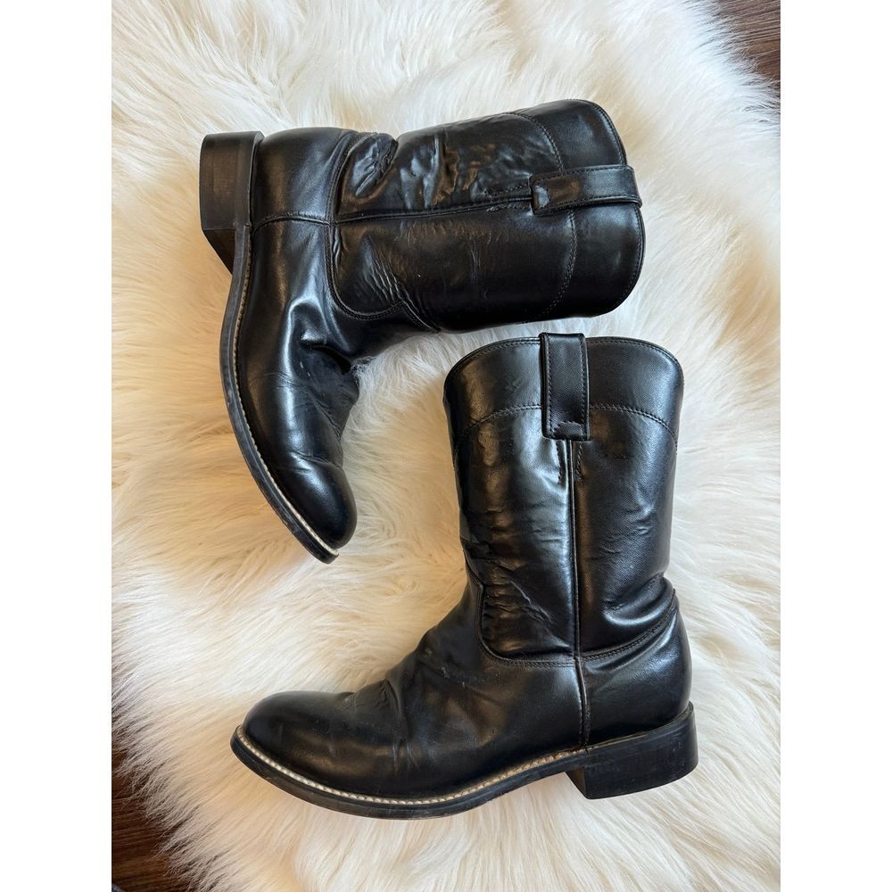 Justin cowboy boots, juniors size 4.5 black smooth‎ leather